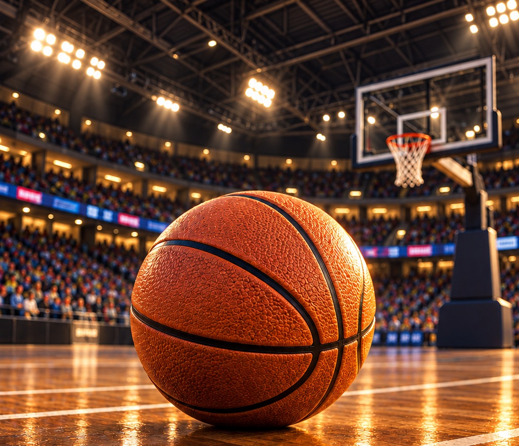 Balón de básquet y aro dentro de un estadio cubierto
