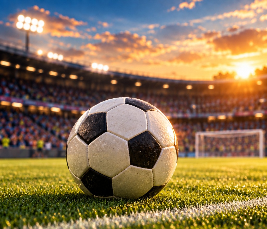 Pelota de fútbol sobre césped con arco al fondo