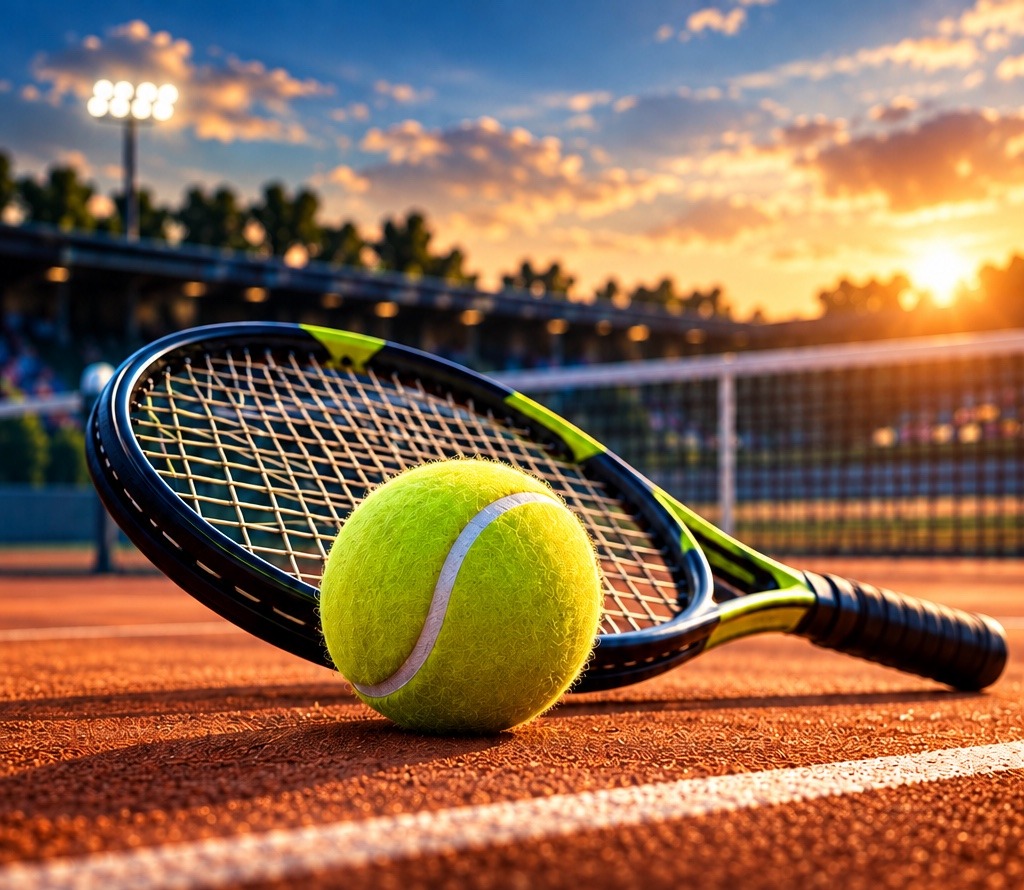 Raqueta y pelota de tenis en cancha de polvo de ladrillo con red